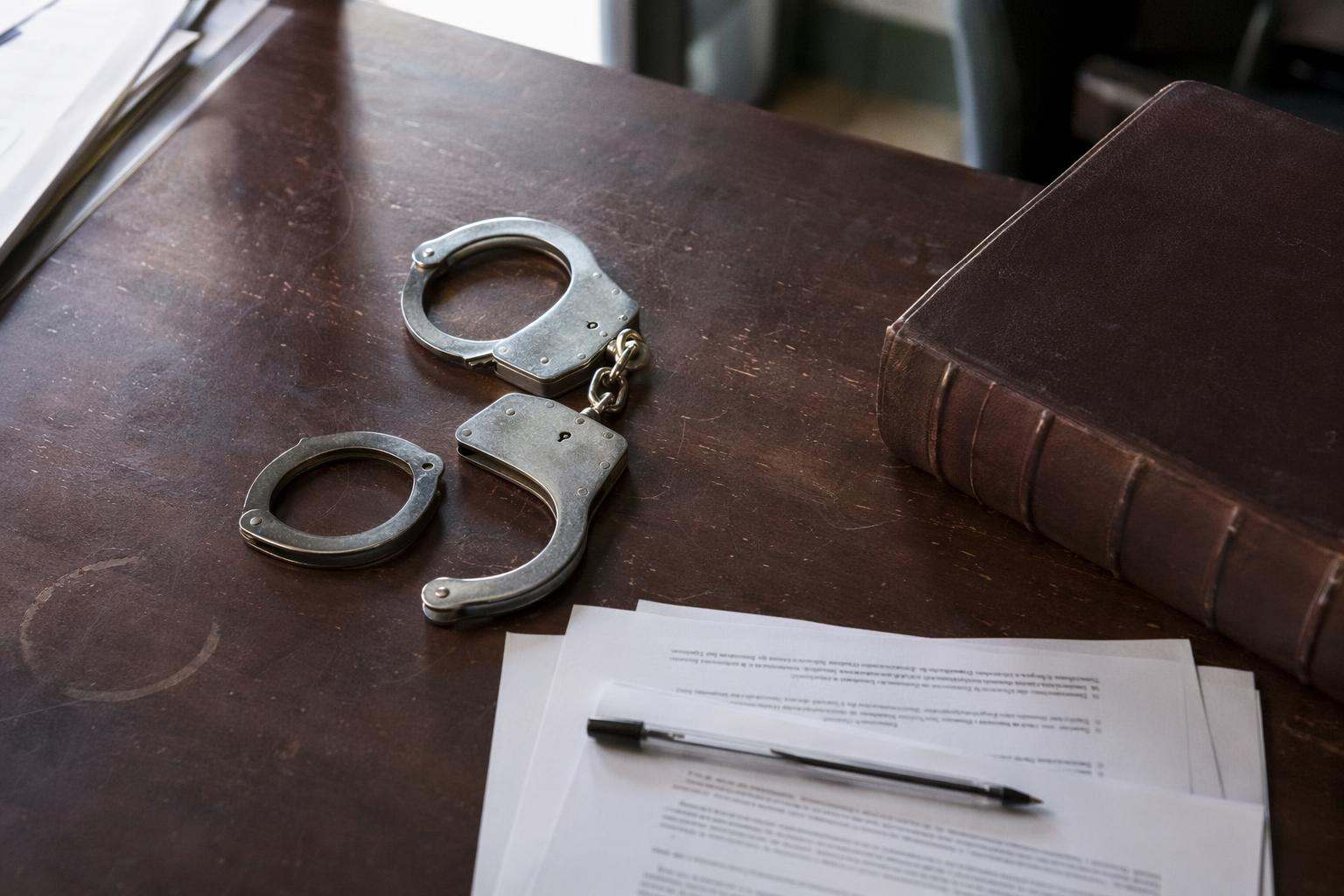 Esposas de acero y código penal sobre escritorio de abogados penalistas en Albacete