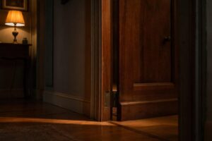 Puerta antigua de madera entreabierta en pasillo en penumbra con luz cálida lateral: vulnerabilidad del hogar característica del delito de allanamiento de morada