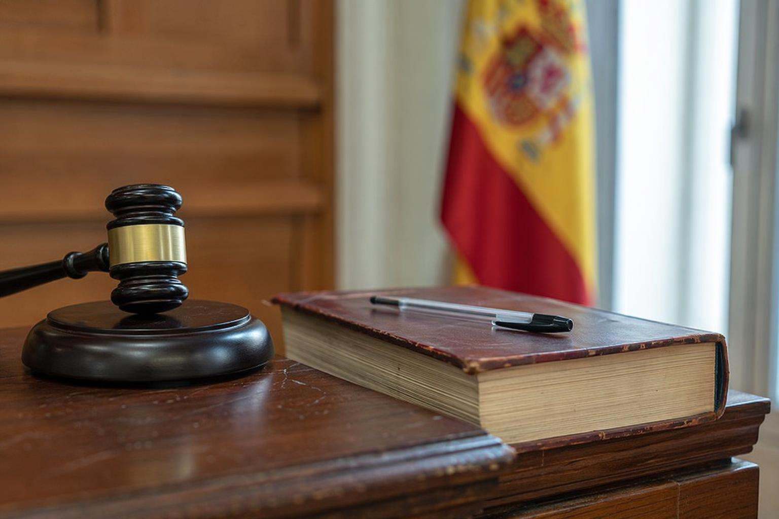 Mazo sobre podio de juzgado con código penal y bandera de España difuminada, abogados penalistas Badajoz