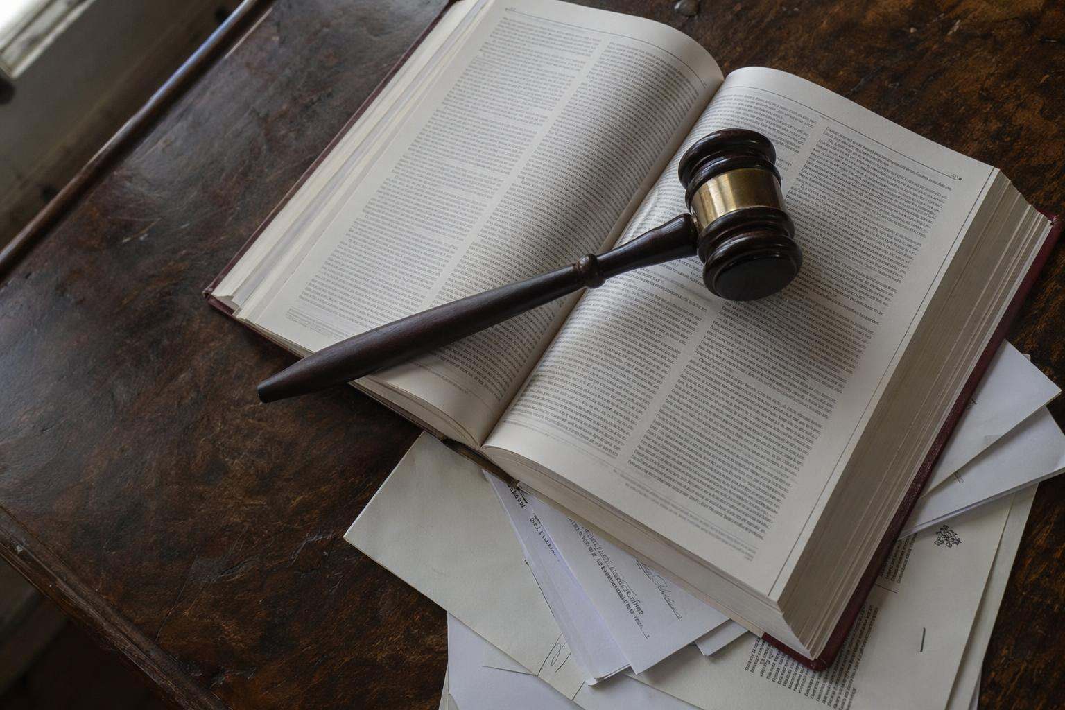 Mazo de juez sobre código penal abierto en mesa de despacho de abogados penalistas Cáceres