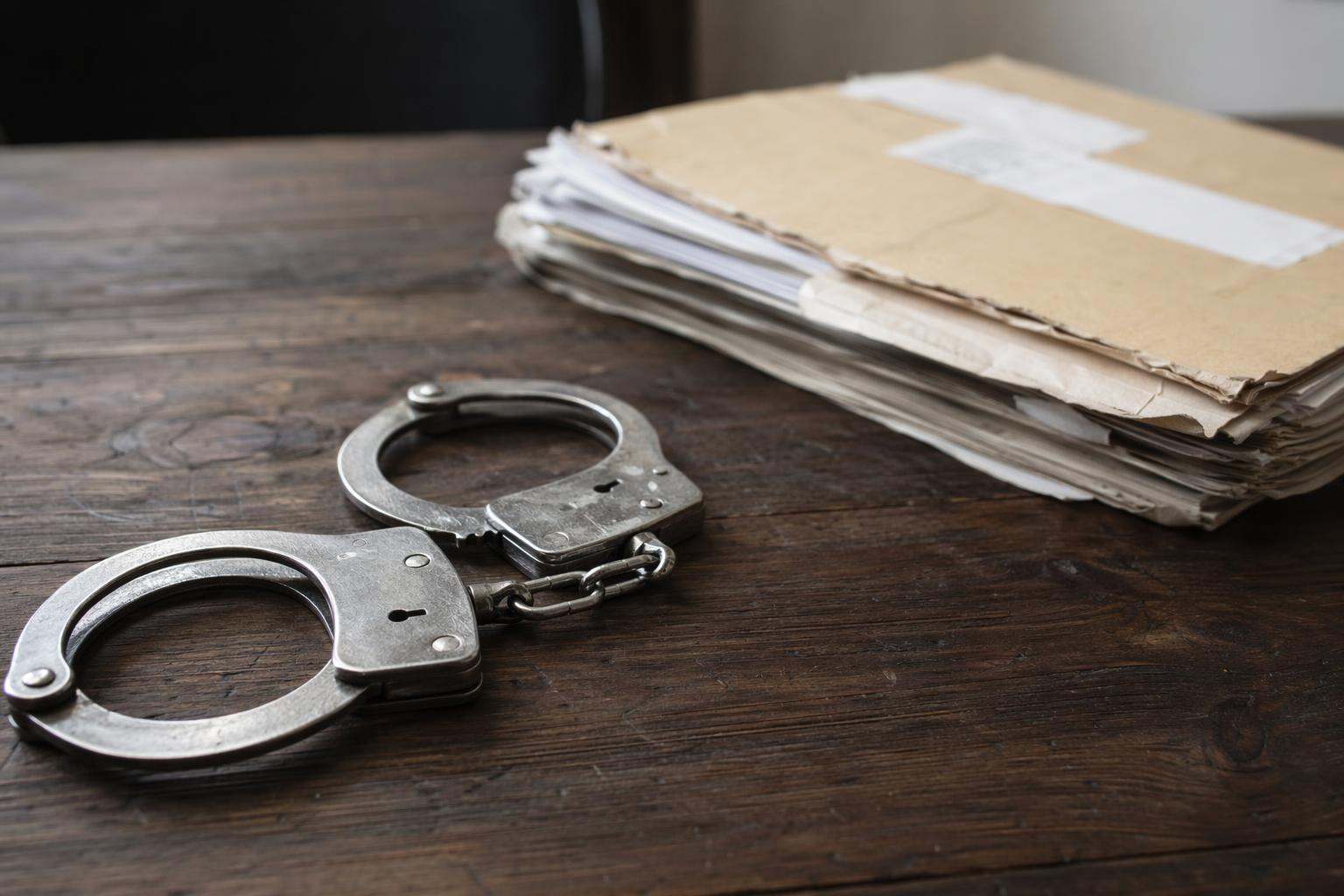 Esposas de acero sobre mesa rústica con expediente judicial — despacho abogados penalistas Cantabria