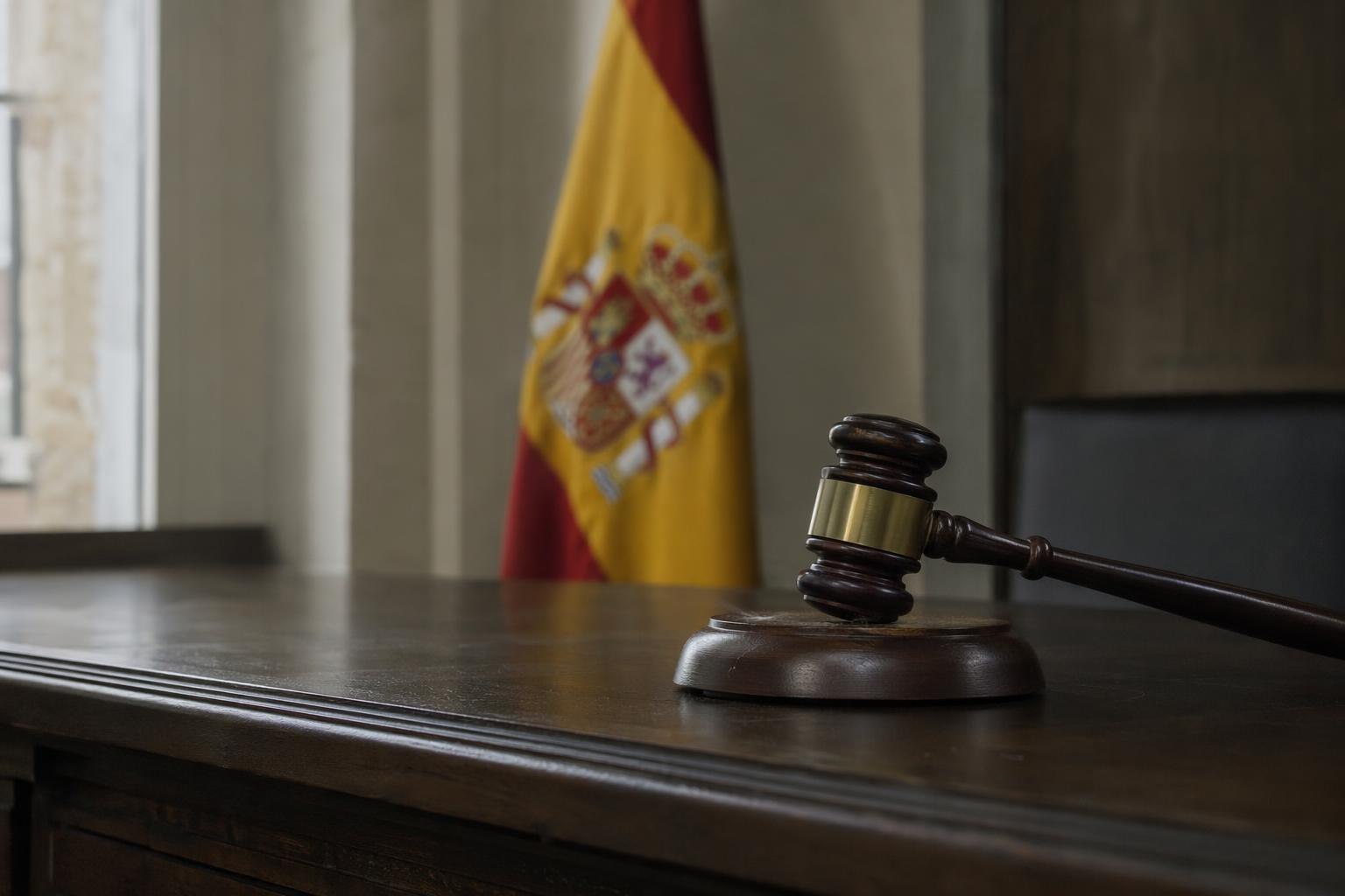 Mazo sobre podio con bandera española difuminada — despacho abogados penalistas Cuenca
