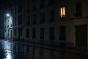 Edificio de viviendas al anochecer con una sola ventana iluminada en luz cálida sobre calle vacía: hostigamiento silencioso característico del delito de acoso