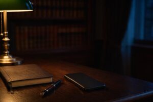 Smartphone bocabajo y cuaderno cerrado sobre una mesa de despacho penal, evocando el delito de amenazas