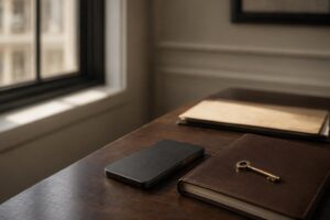 Despacho premium con smartphone bocabajo, cuaderno cerrado y una llave sobre escritorio nogal, evocando la presión silenciosa del delito de coacciones