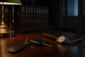 Llaves de coche junto a un cuaderno cerrado y un reloj sobre la mesa de un despacho penal premium