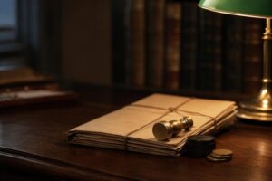 Sello oficial sobre expediente y monedas antiguas en despacho de abogados especializados en delito de malversación