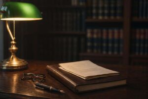 Citación judicial doblada sobre cuaderno de cuero en mesa de despacho premium con biblioteca jurídica difusa al fondo