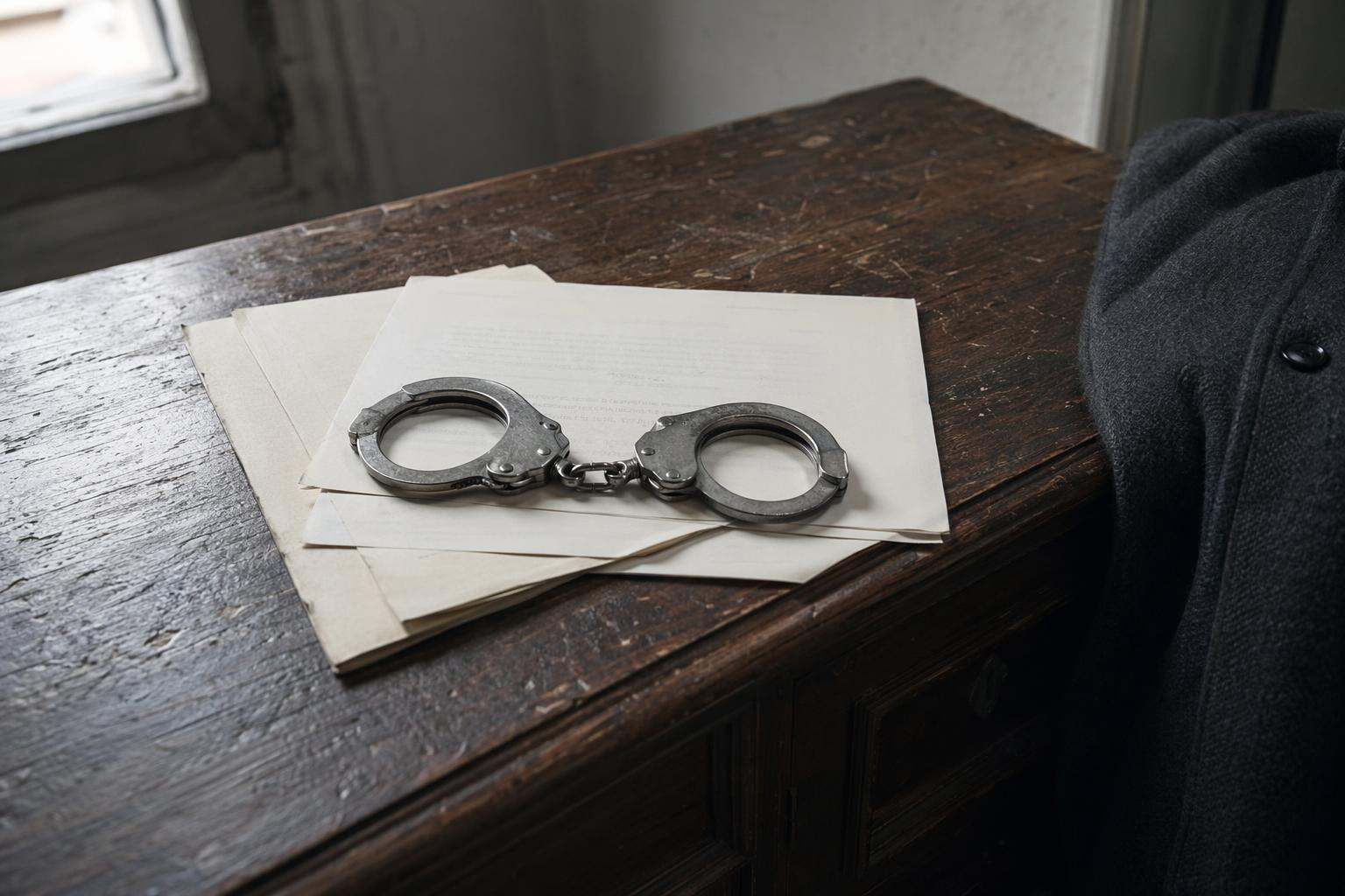 Esposas de acero sobre mesa de despacho de abogados penalistas Granada