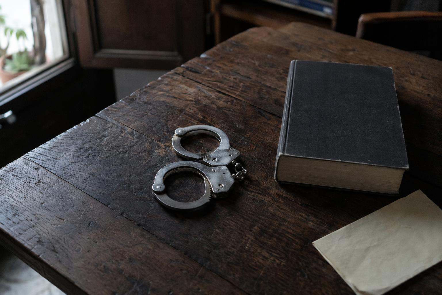 Esposas de acero y código penal sobre mesa rústica de despacho de abogados penalistas La Rioja