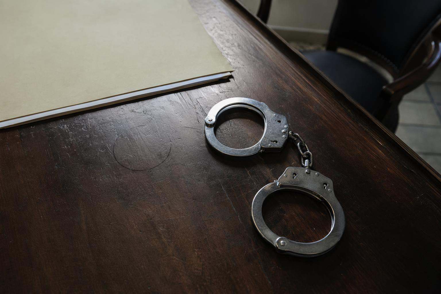 Esposas de acero sobre mesa de despacho antigua, defensa penal Lleida