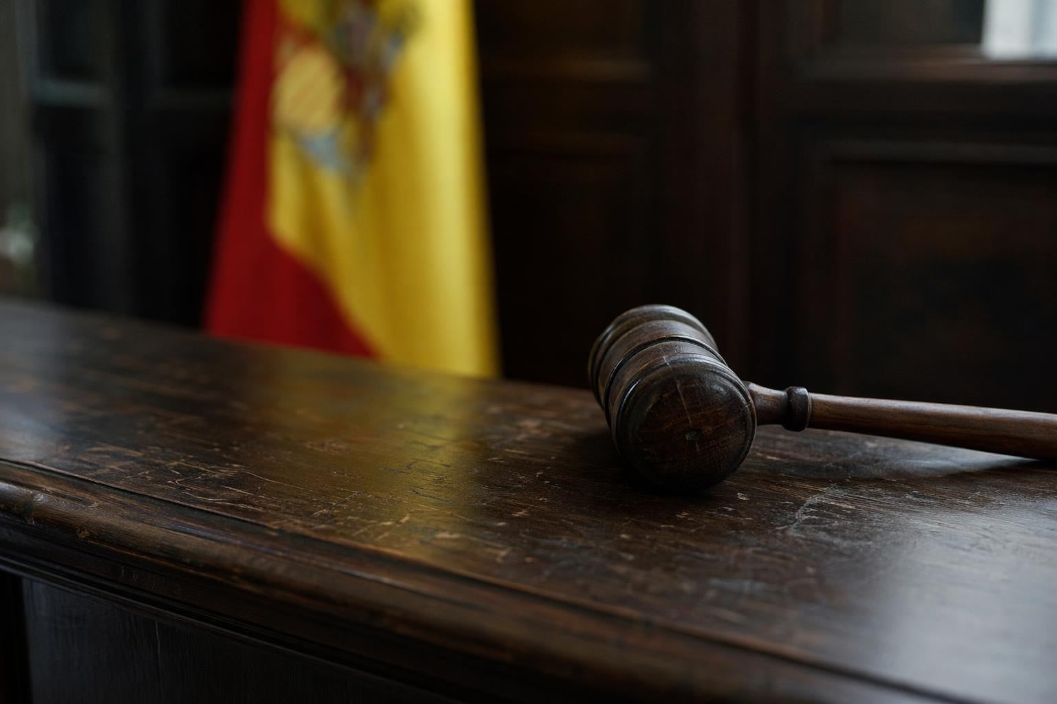 Mesa de juzgado con martillo y bandera difuminada, defensa penal Murcia