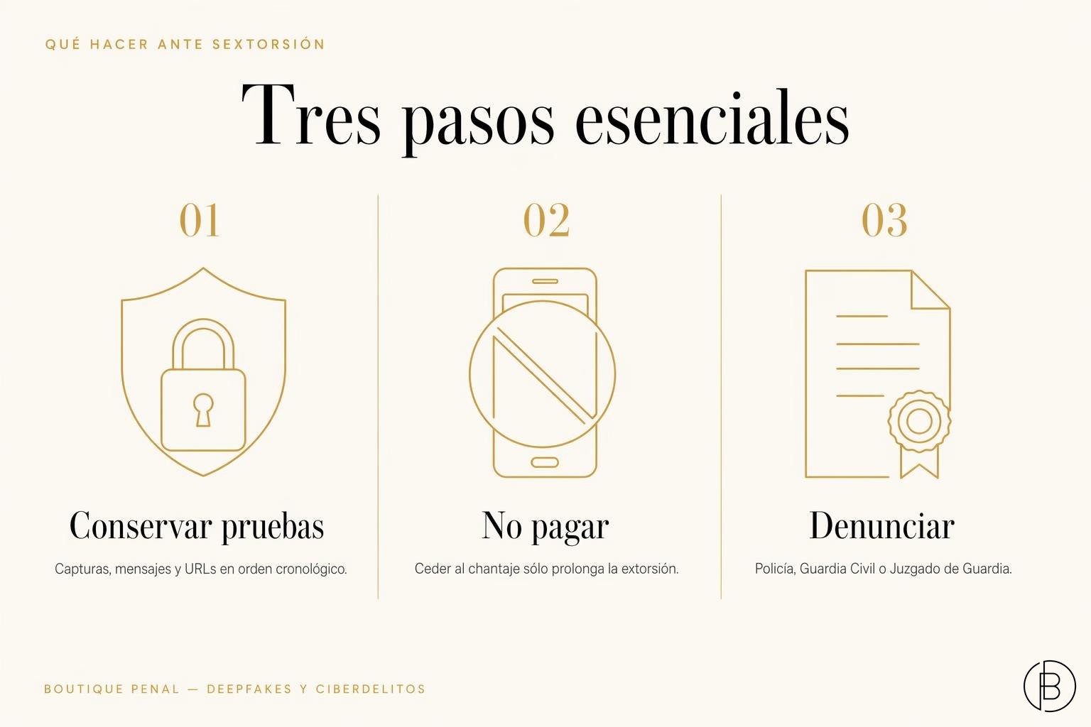 Pasos a seguir ante sextorsión con imágenes IA: conservar pruebas, no pagar y denunciar al penalista