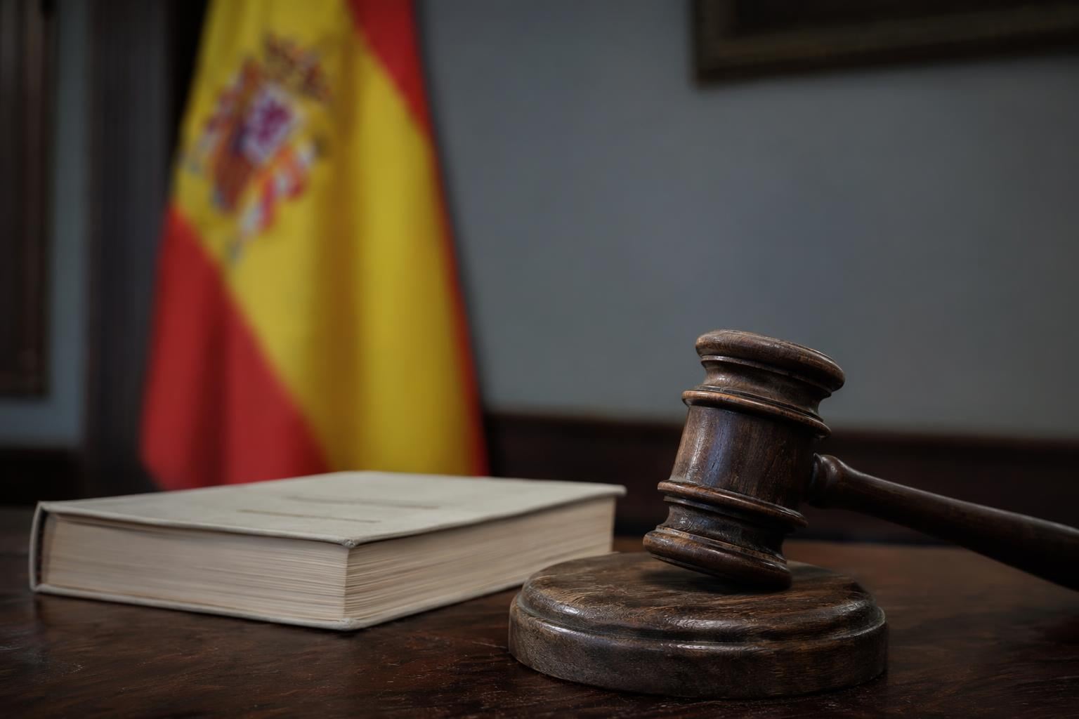 Mazo de juez sobre escritorio con bandera de España difuminada al fondo en despacho de abogados penalistas en Soria