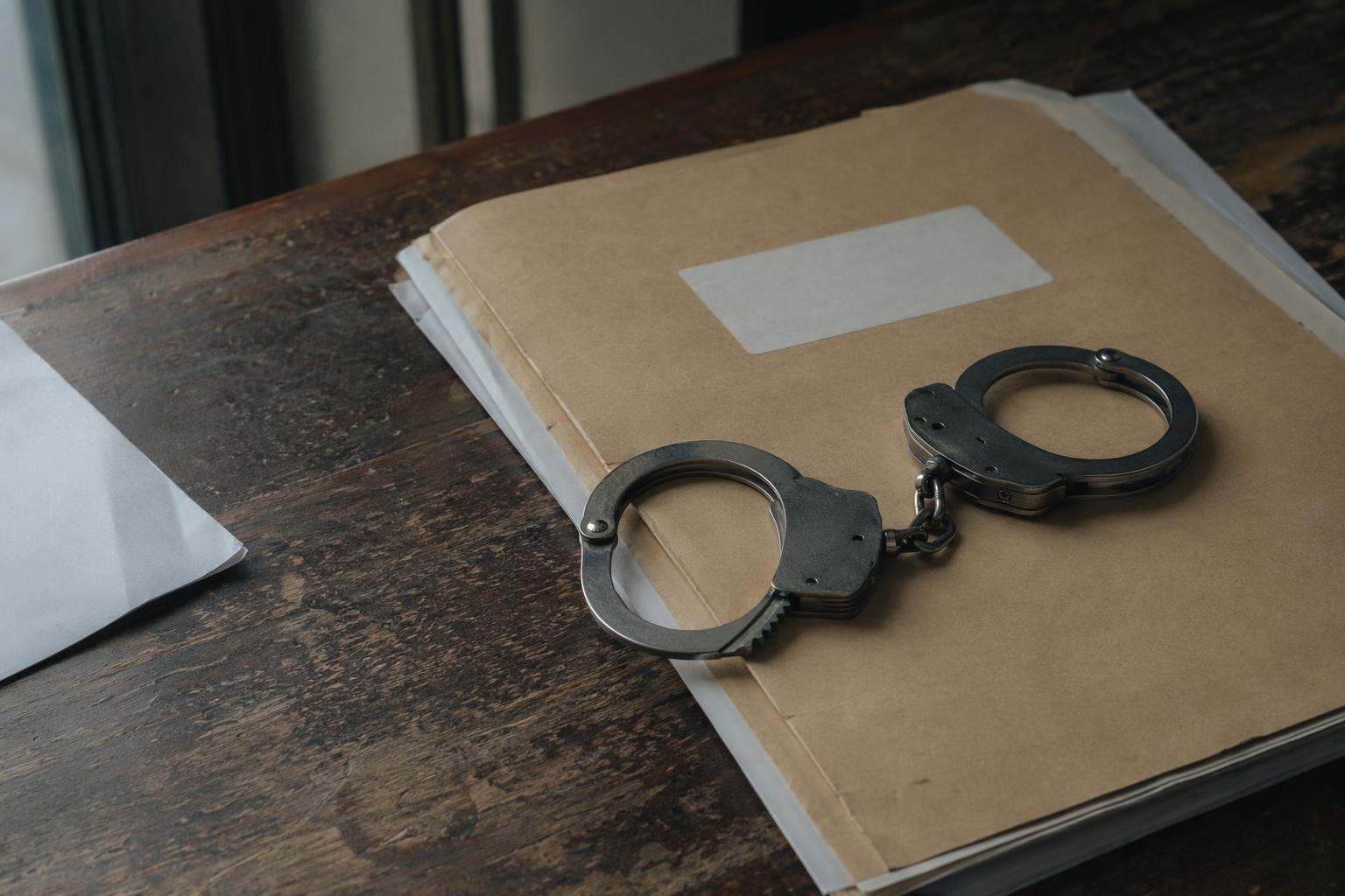Esposas policiales sobre carpeta de expediente penal en mesa de despacho de abogado en Toledo