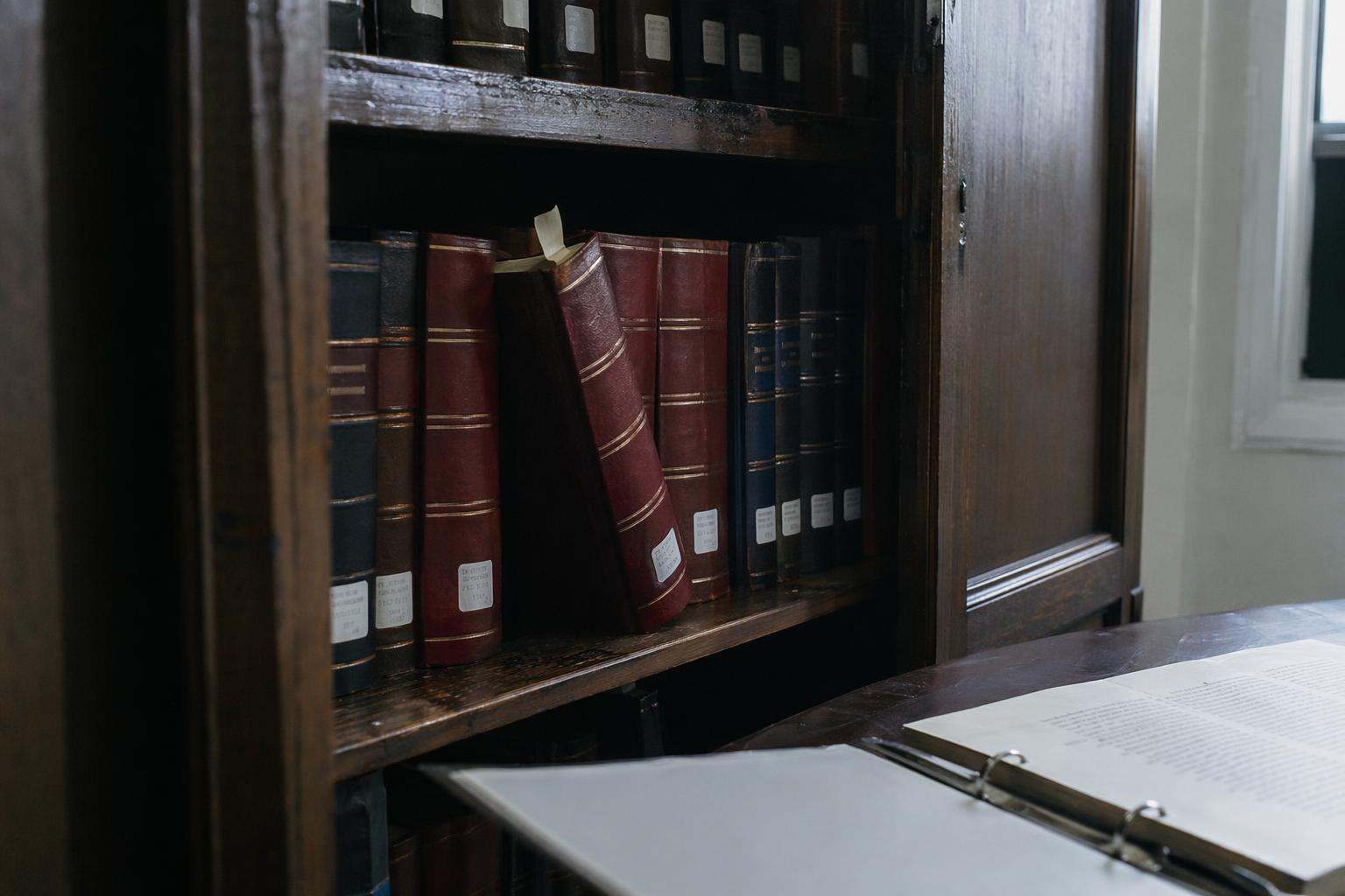 Archivador con tomos jurídicos numerados de expedientes penales en despacho de abogado en Valladolid