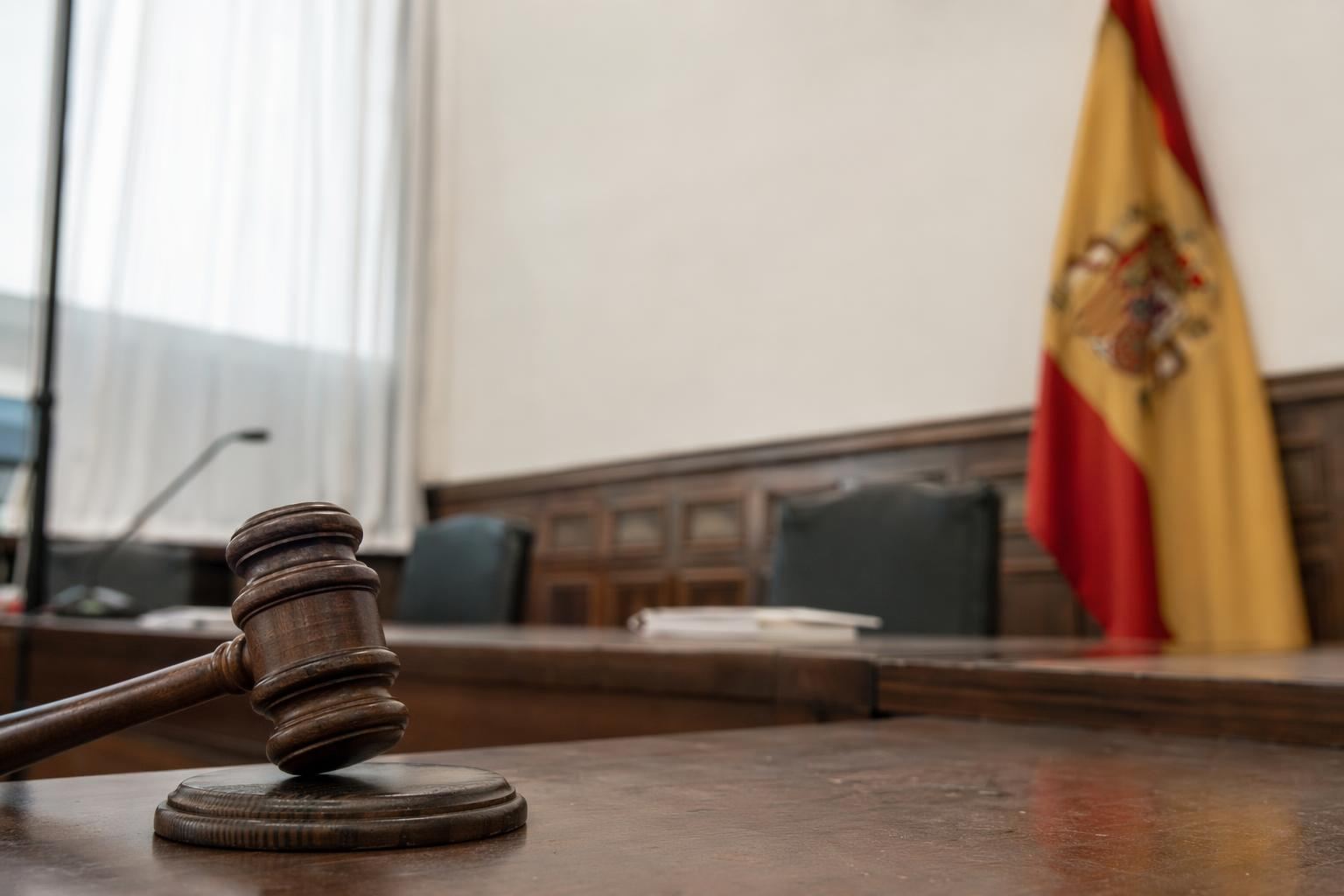 Mazo de juez con bandera de España difuminada al fondo en sala de juzgado para abogados penalistas en Zamora