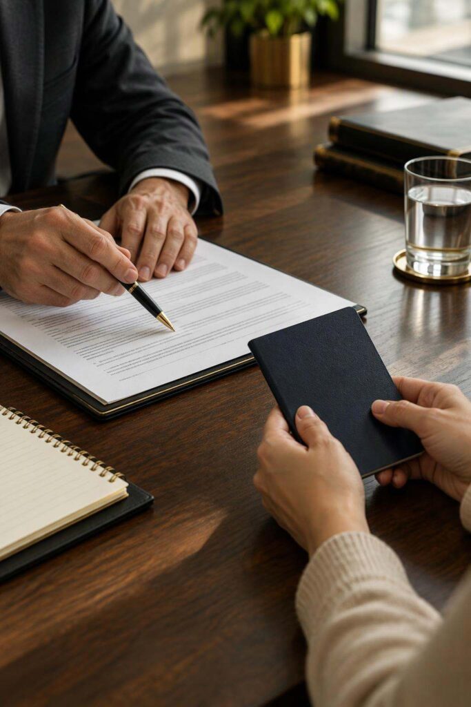 Criminal defence lawyer in Madrid reviewing a case with a foreign client